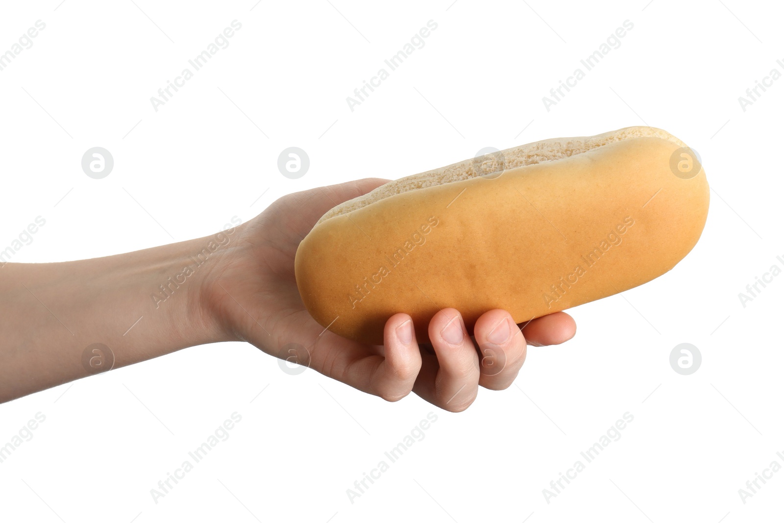 Photo of Woman with fresh hot dog bun on white background, closeup