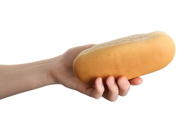 Photo of Woman with fresh hot dog bun on white background, closeup