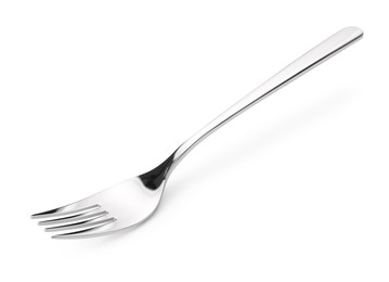 Photo of One shiny silver fork isolated on white