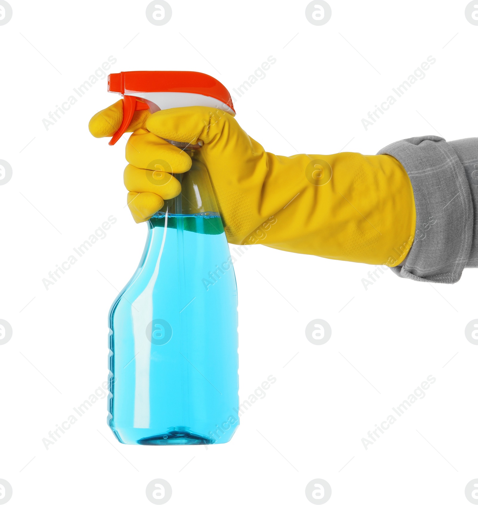 Photo of Woman holding plastic spray bottle with liquid isolated on white, closeup