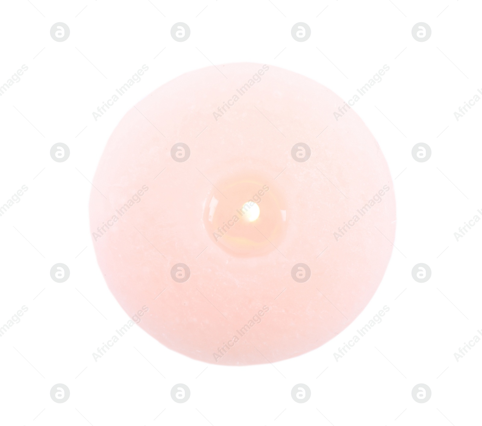 Photo of Burning pink candle isolated on white, top view