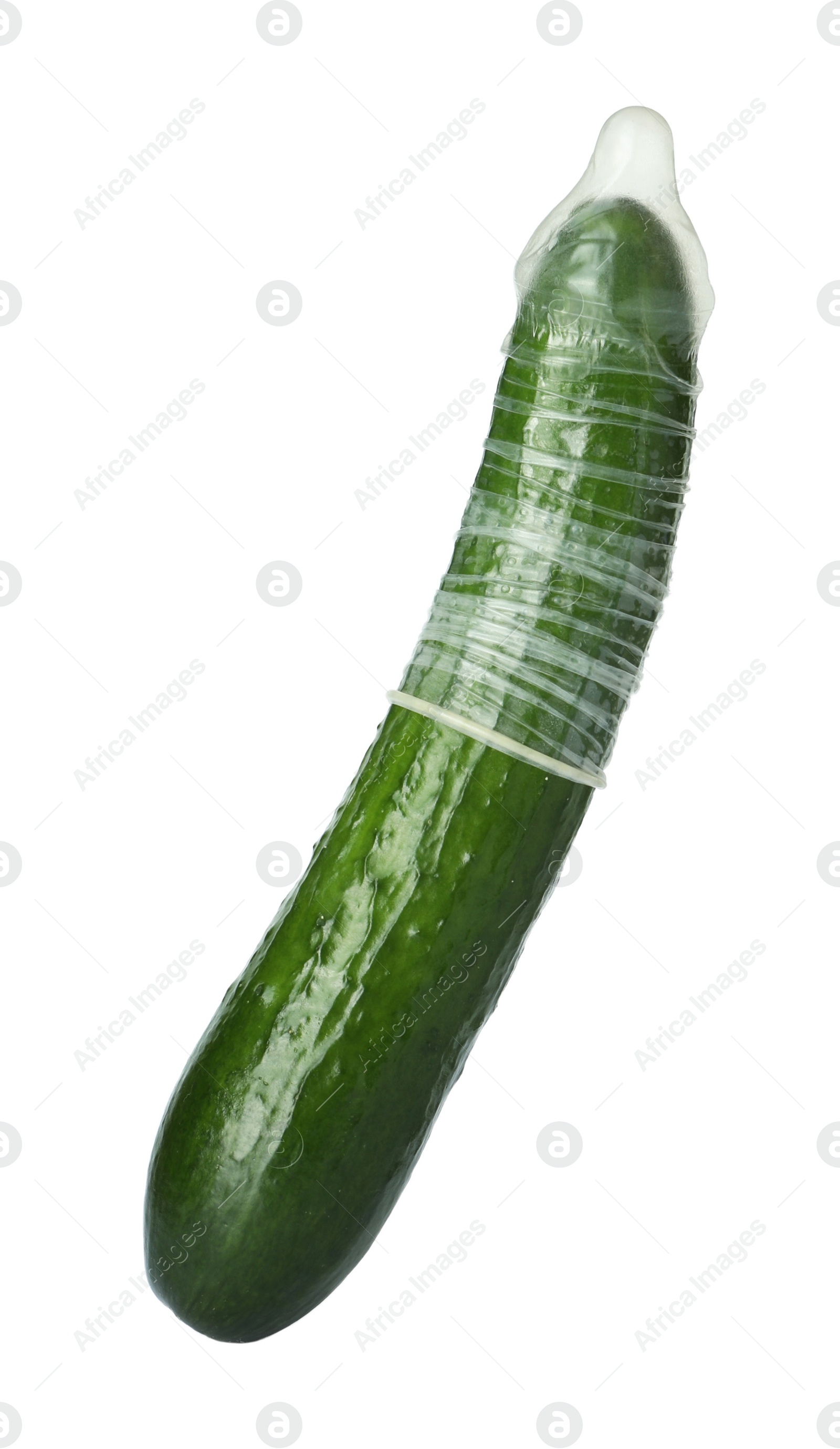 Photo of Cucumber with condom isolated on white. Safe sex concept