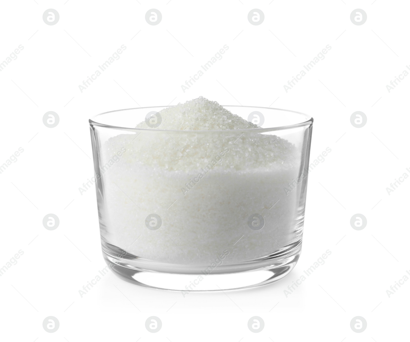 Photo of Glass bowl with sugar isolated on white