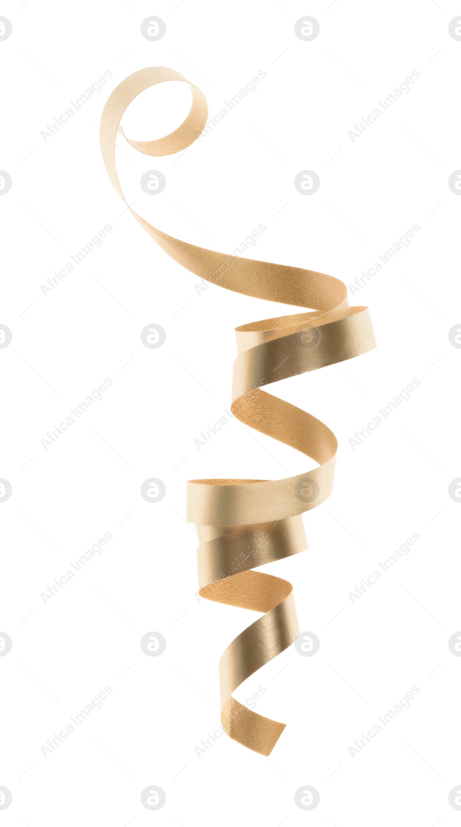 Photo of Shiny serpentine streamer on white background. Festive decor