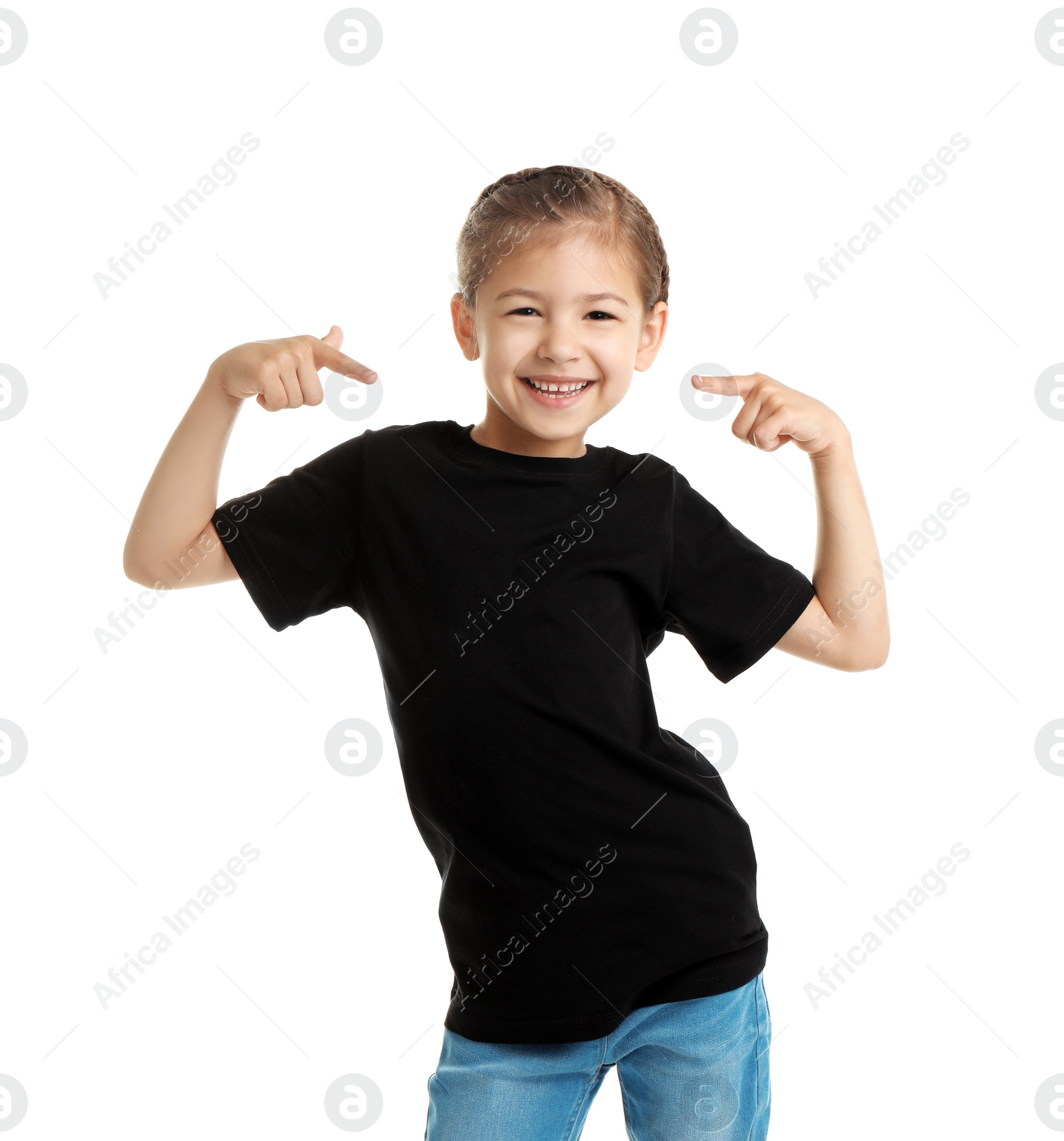 Photo of Little girl in t-shirt on white background. Mockup for design