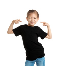 Little girl in t-shirt on white background. Mockup for design