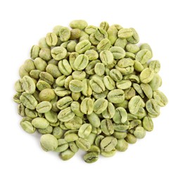 Photo of Heap of green coffee beans isolated on white, top view