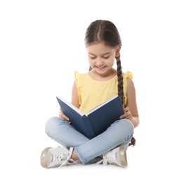 Cute little child reading book on white background