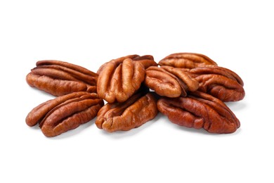 Photo of Many tasty pecan nuts isolated on white