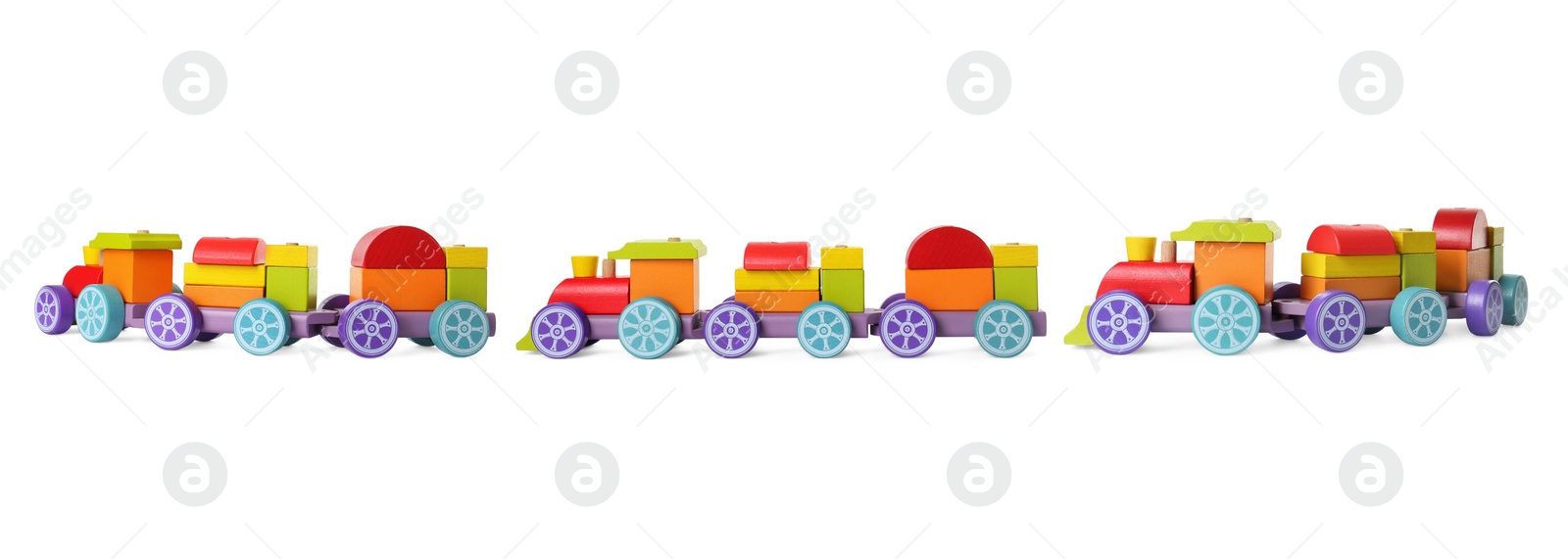 Image of Colorful wooden train isolated on white, different angles. Collage design with children's toy