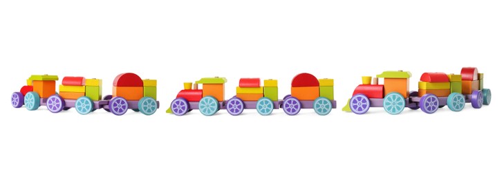 Image of Colorful wooden train isolated on white, different angles. Collage design with children's toy