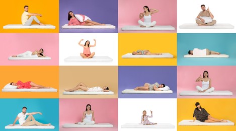 Image of Collage with photos of people on soft comfortable mattresses on different color backgrounds