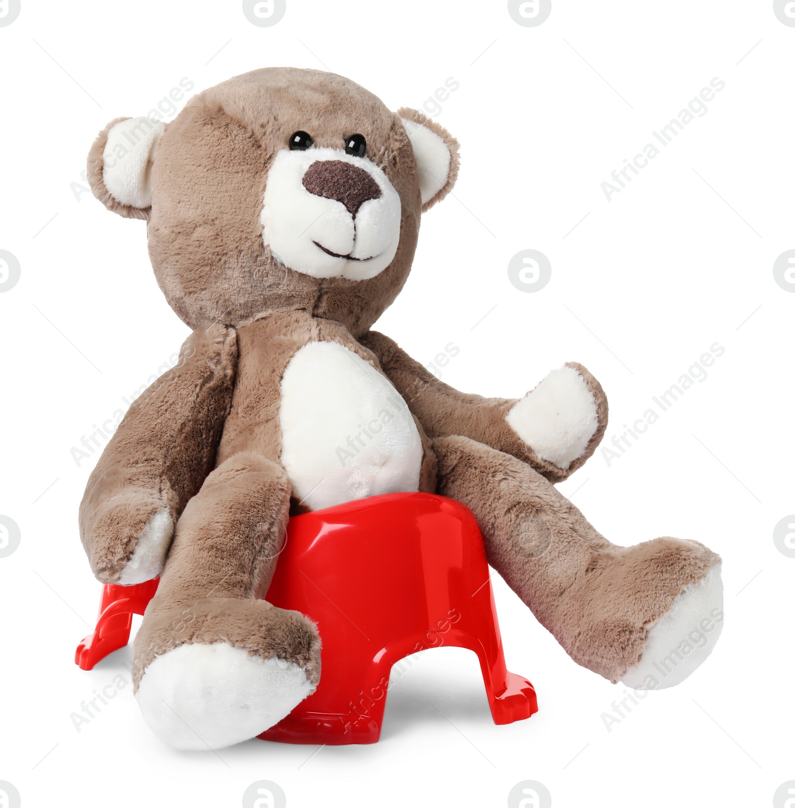 Photo of Teddy bear on red baby potty, white background. Toilet training