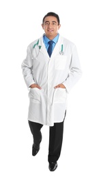 Full length portrait of male Hispanic doctor isolated on white. Medical staff