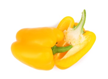 Photo of Halves of yellow bell pepper isolated on white, top view