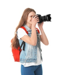 Female photographer with camera on white background