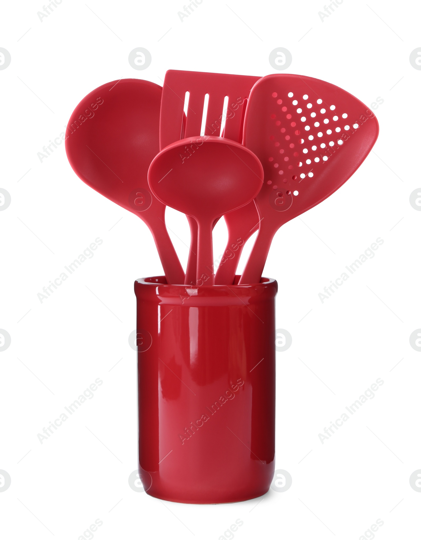 Photo of Holder with different kitchen utensils on white background