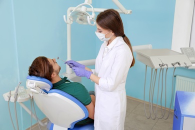 Professional dentist and patient in modern clinic