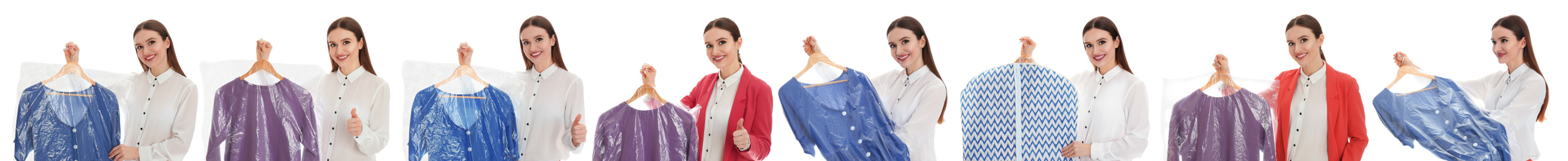 Collage of woman holding hanger with clothes on white background. Dry-cleaning service