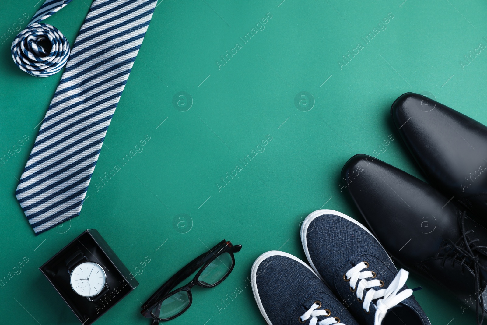 Photo of Flat lay composition with shoes, tie and space for text on color background. Happy Father's Day