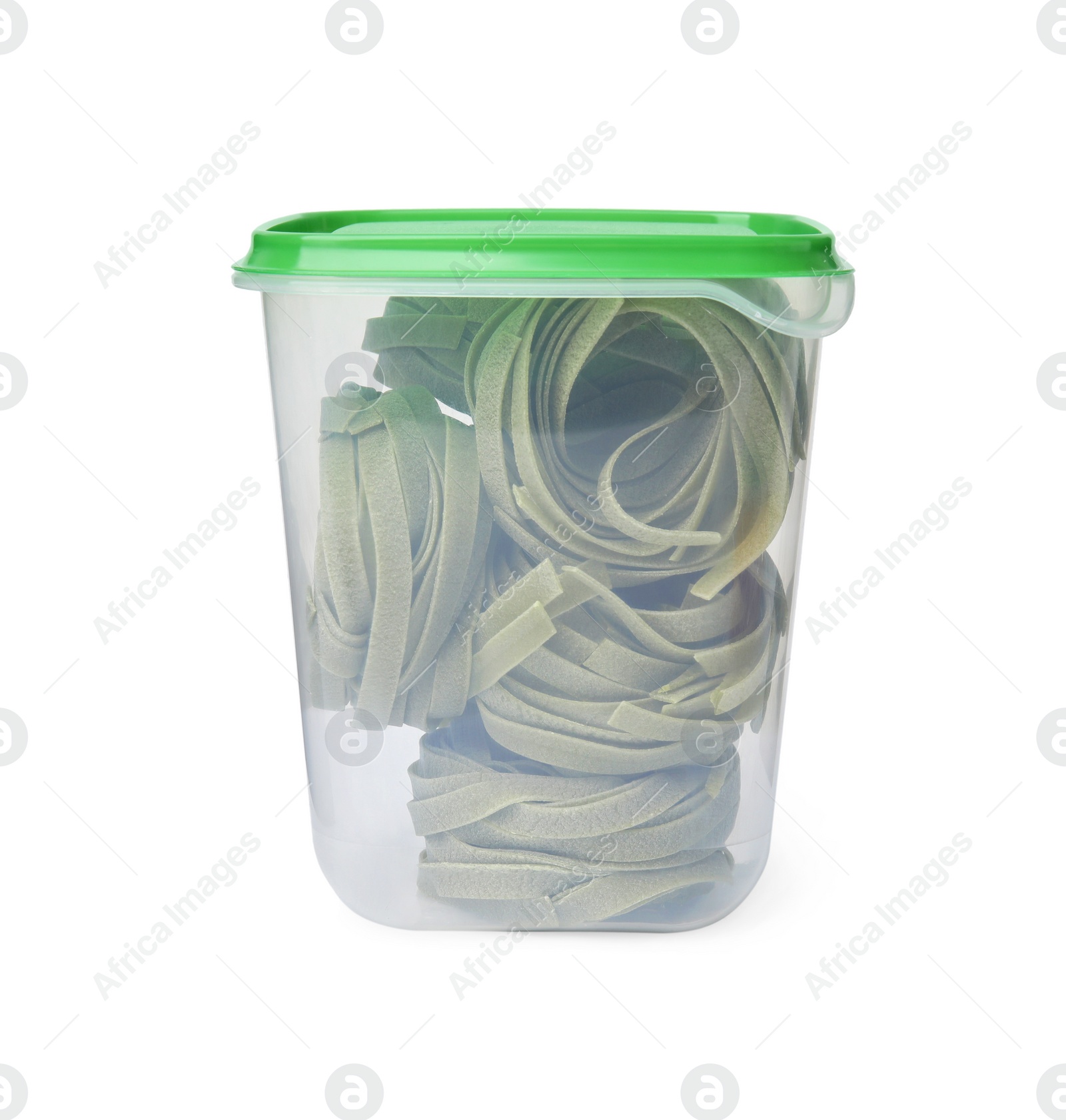 Photo of Plastic container filled with pasta isolated on white