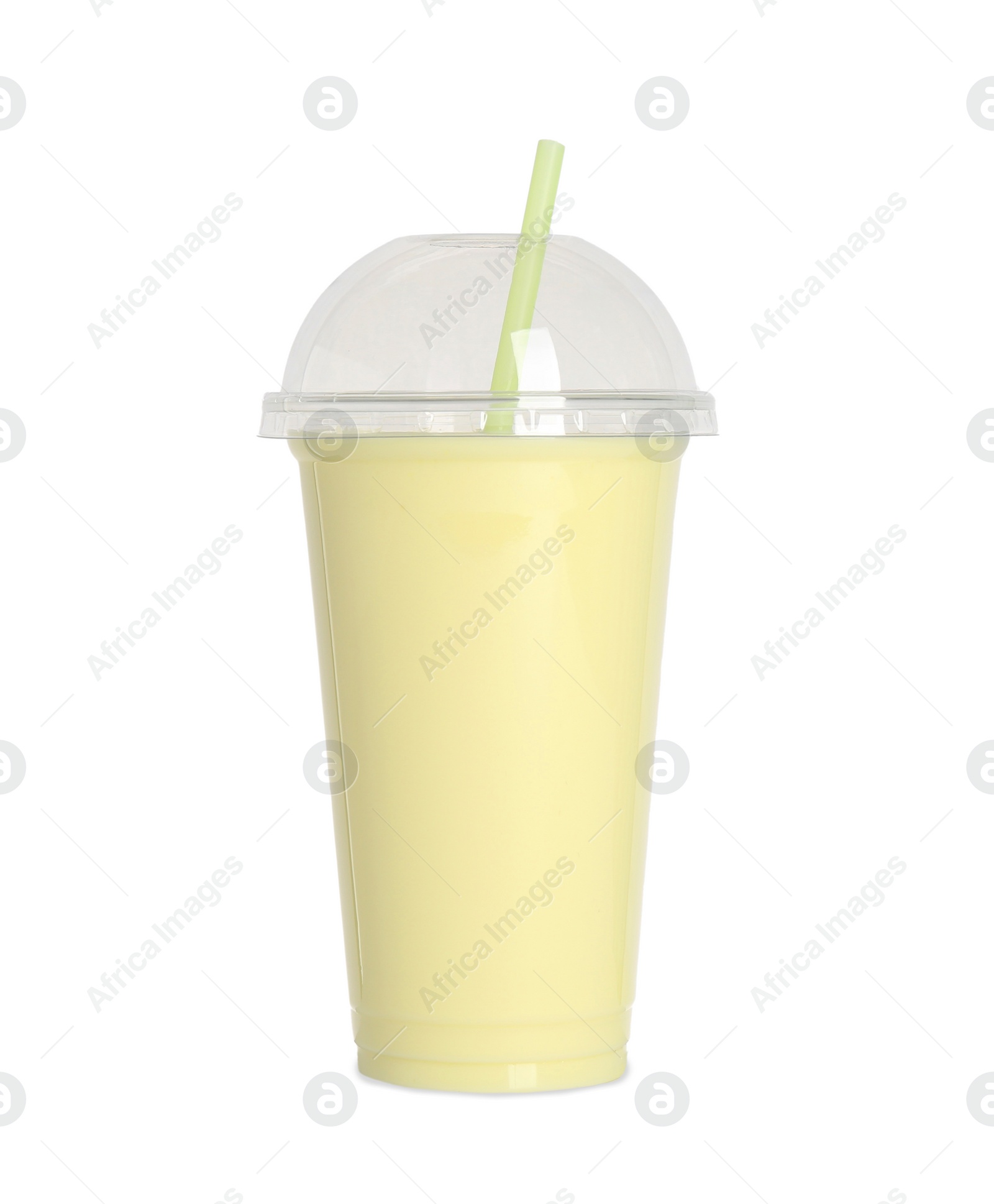 Photo of Plastic cup of tasty smoothie isolated on white