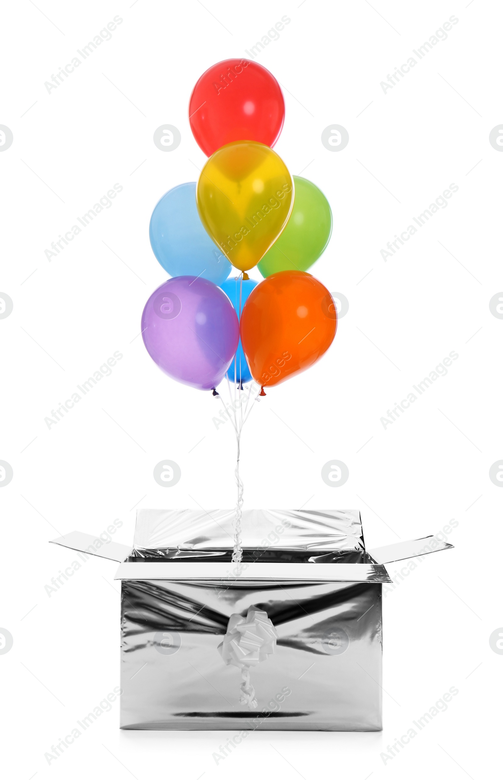 Photo of Gift box with bright air balloons isolated on white