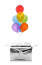 Photo of Gift box with bright air balloons isolated on white