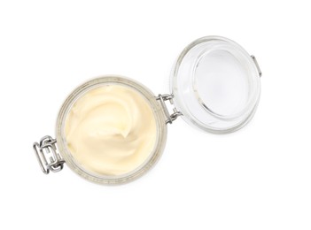 Photo of Jar of delicious mayonnaise isolated on white, top view