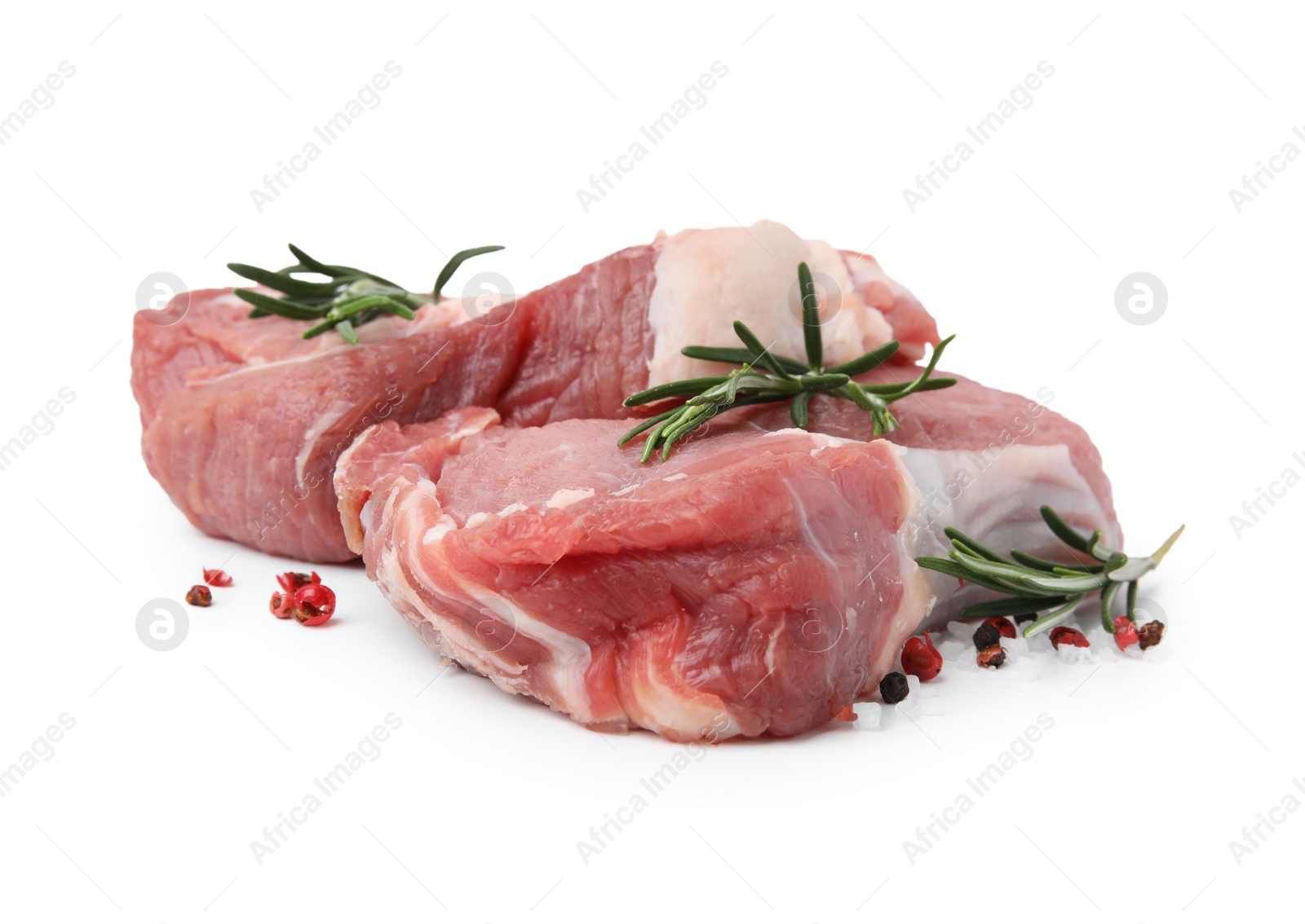 Photo of Fresh raw meat with rosemary and spices isolated on white