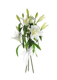 Photo of Beautiful bouquet of lily flowers tied with ribbon isolated on white