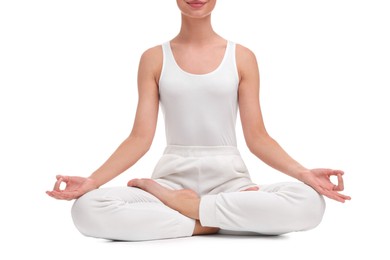Woman practicing yoga on white background, closeup. Lotus pose