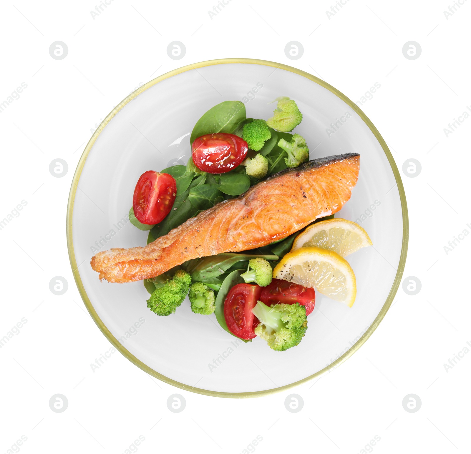 Photo of Healthy meal. Plate of grilled salmon, vegetables, lemon and spinach isolated on white, top view