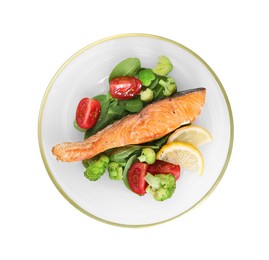 Healthy meal. Plate of grilled salmon, vegetables, lemon and spinach isolated on white, top view