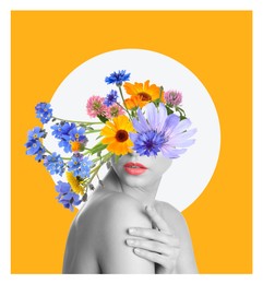 Image of Creative art collage with beautiful meadow flowers and woman on color background