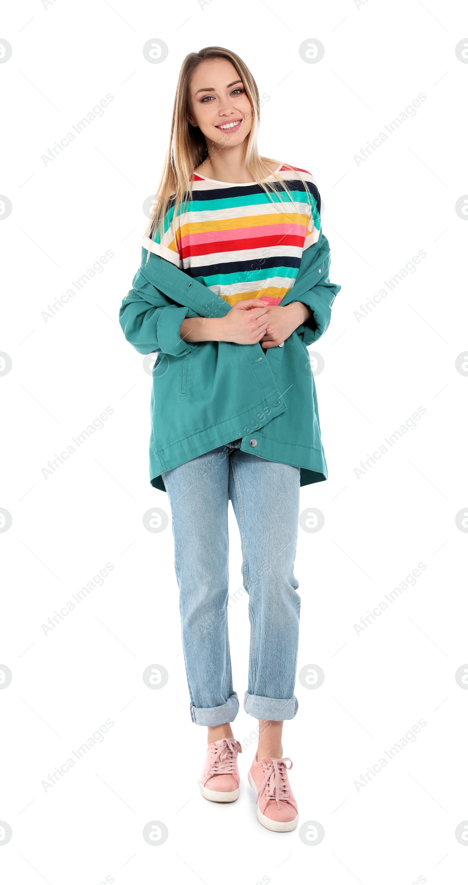 Photo of Full length portrait of happy young woman on white background