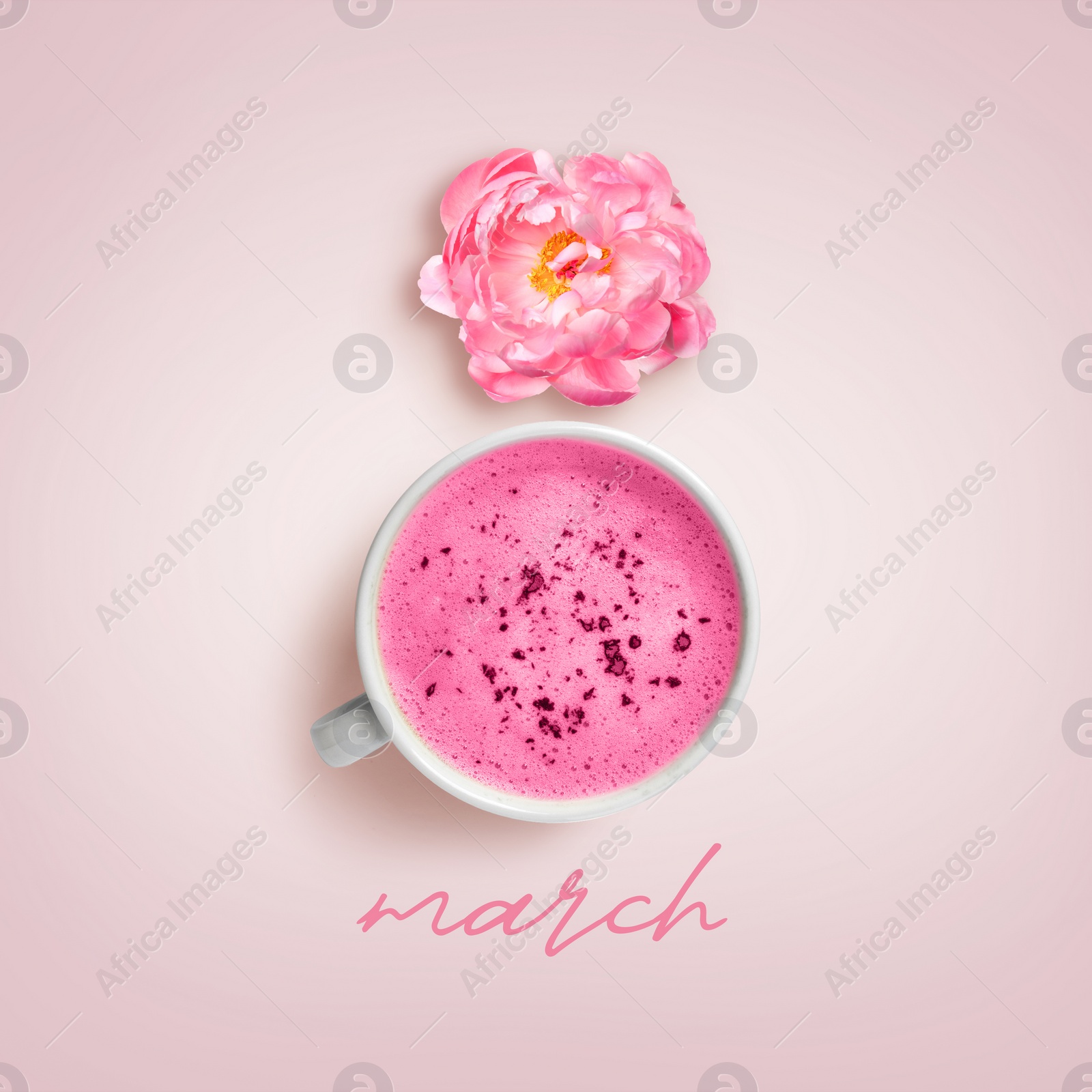 Image of 8 March - Happy International Women's Day. Card design with shape of number eight made of peony and cappuccino on pink background, top view