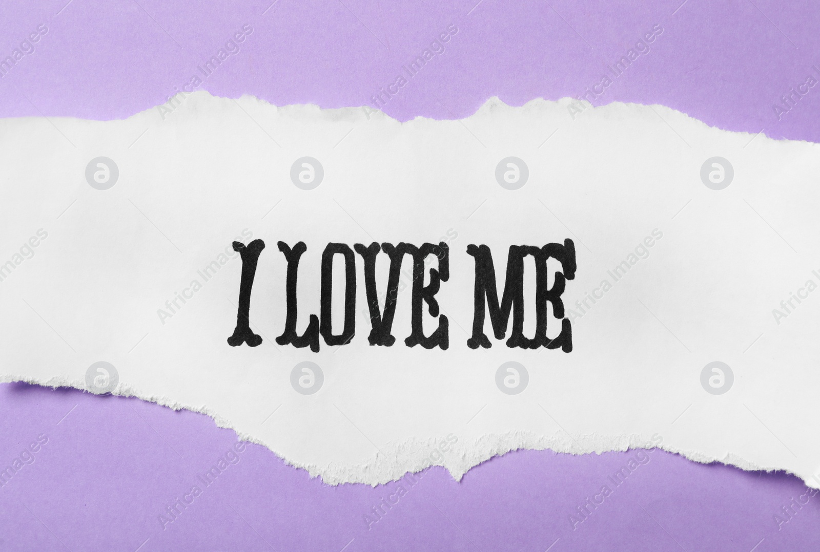 Photo of Paper with handwritten phrase I Love Me on violet background, top view