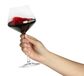 Photo of Woman with glass of wine isolated on white, closeup