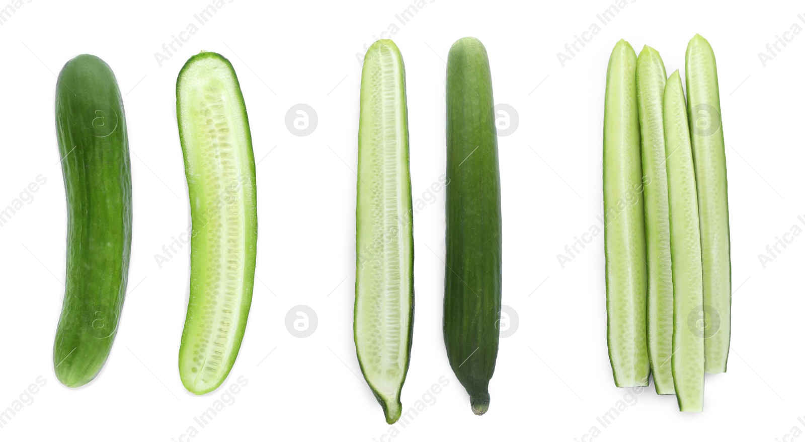 Set with whole and cut ripe cucumbers on white background, top view Image of Set with whole and cut ripe cucumbers on white background, top view