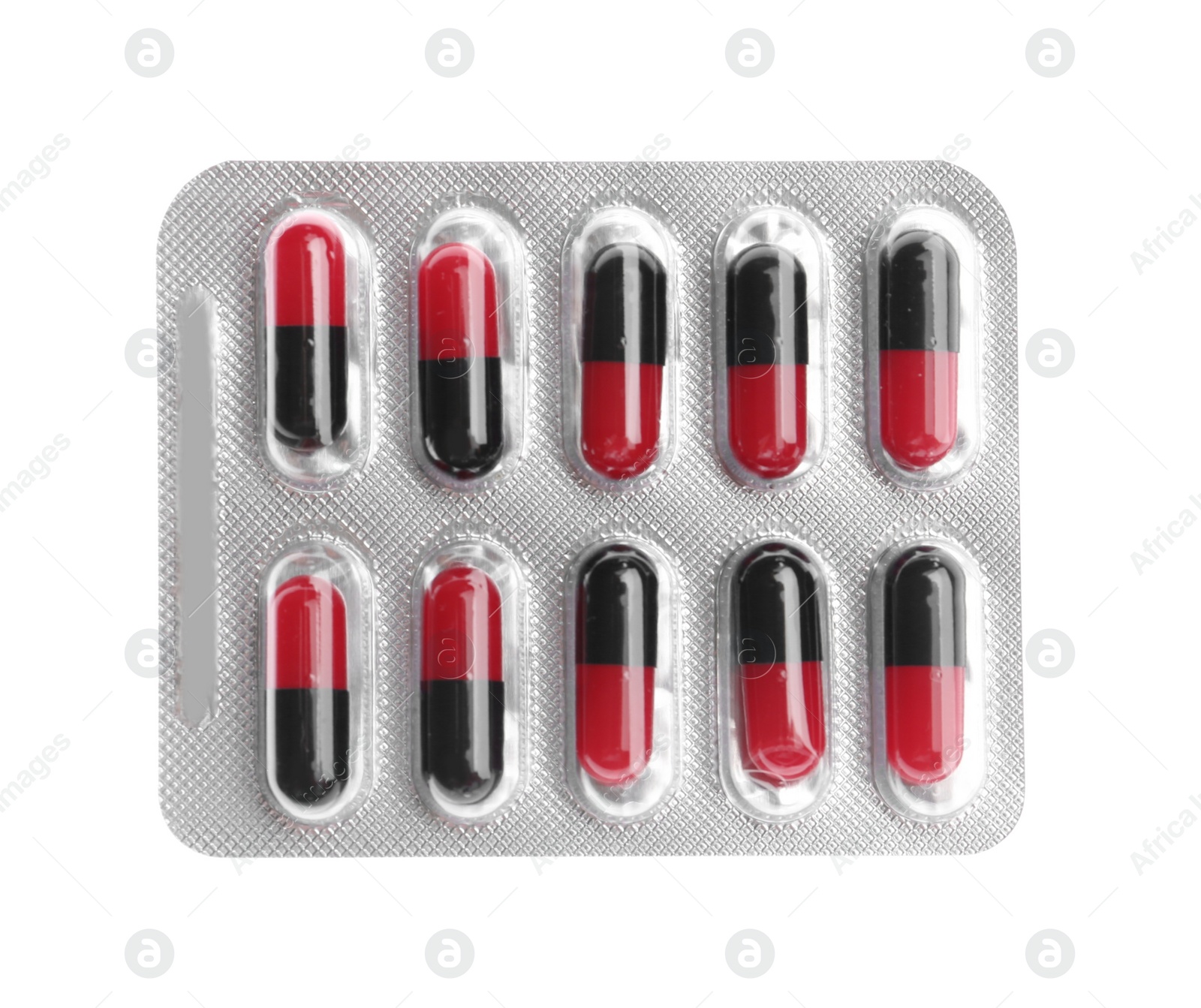 Photo of Pills in blister pack on white background, top view