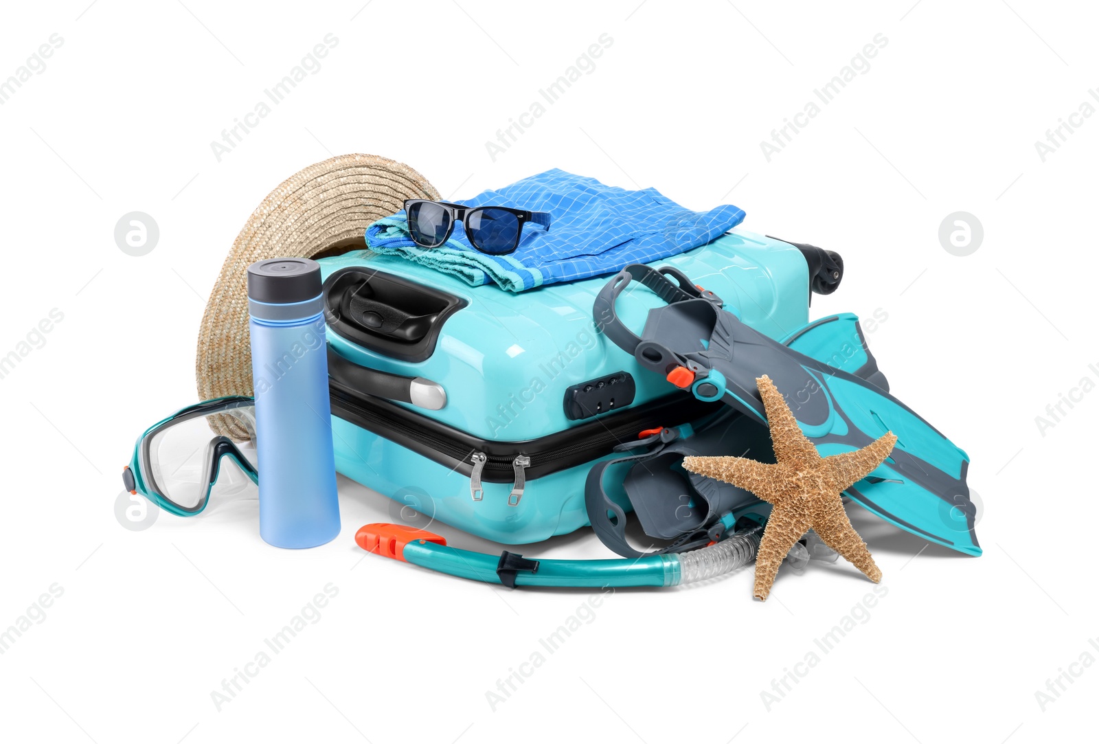 Photo of Suitcase and different beach accessories isolated on white. Summer vacation