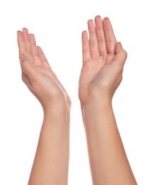 Photo of Woman holding her hands against white background, closeup