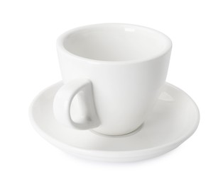 Photo of Ceramic cup and saucer isolated on white