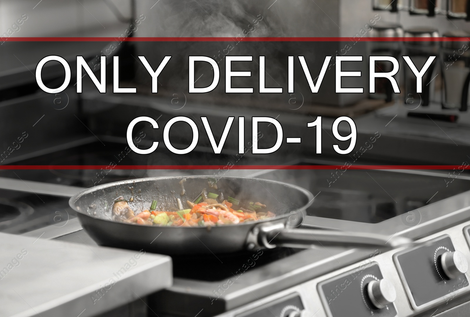 Image of Cooking food on stove in restaurant kitchen. Online delivery service