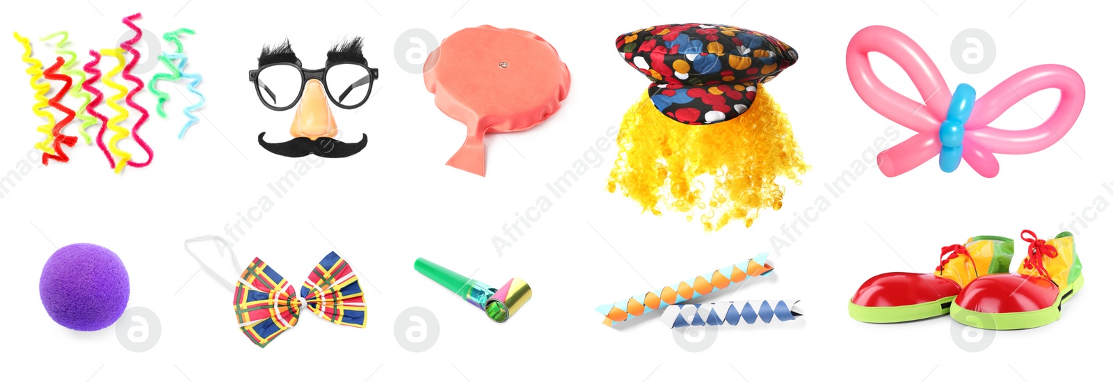 Image of Set with different clown's accessories on white background. Banner design