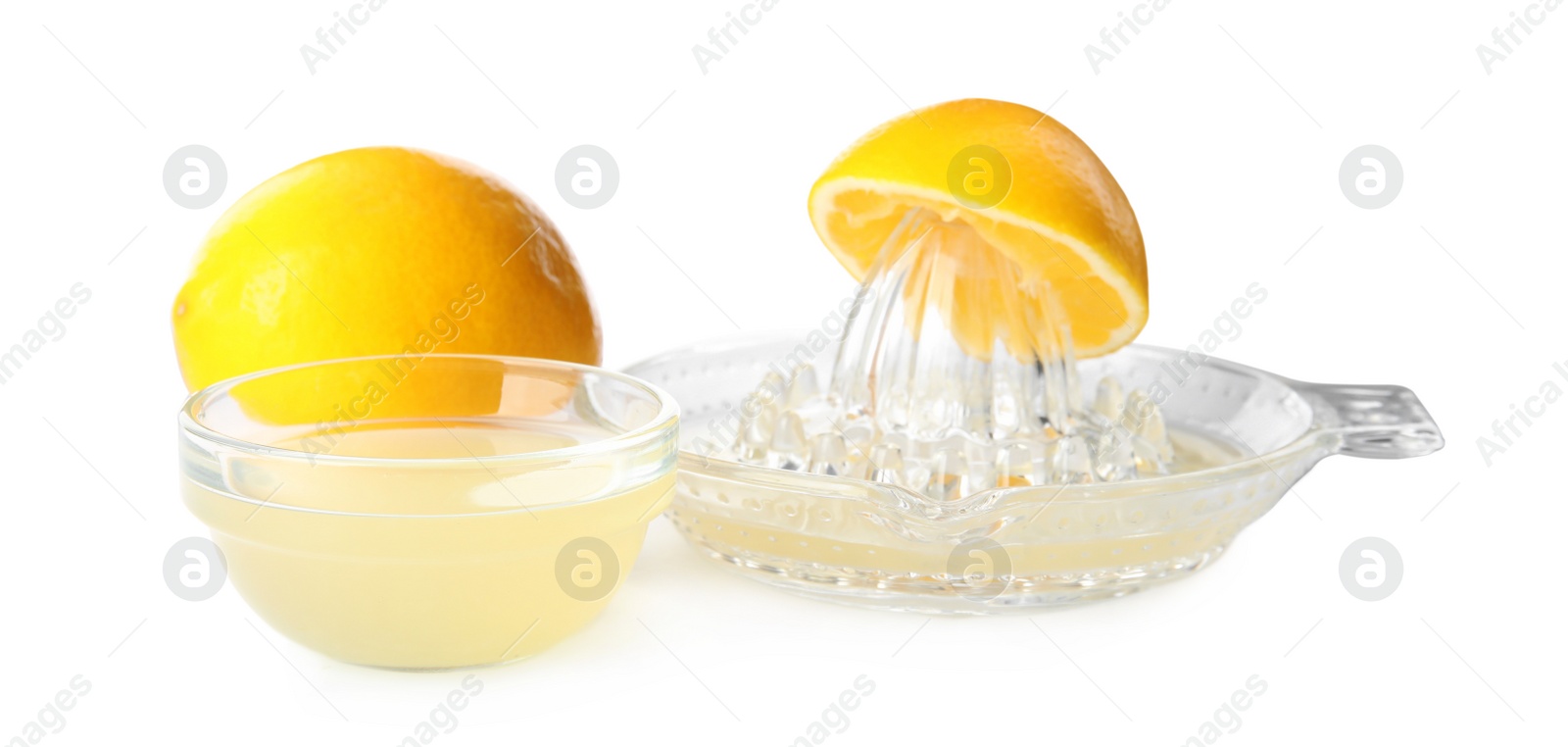 Photo of Freshly squeezed lemon juice on white background