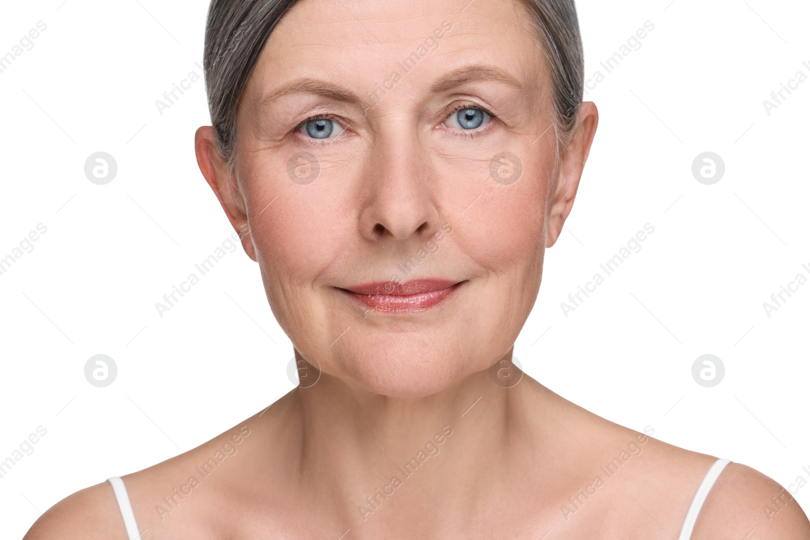 Photo of Portrait of senior woman with aging skin on white background. Rejuvenation treatment