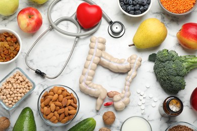Photo of Anatomical model of large intestine, stethoscope, pills and different organic products on white marble background, flat lay