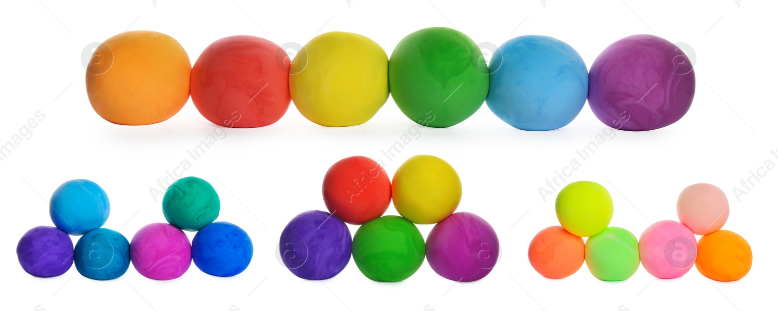 Image of Set with different colorful play dough on white background. Banner design